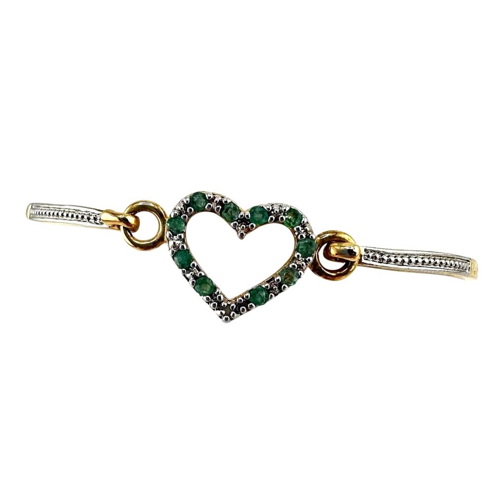 Diamond Chip Green Glass Faux Gem Heart Two Tone Bangle 6.25” Bracelet